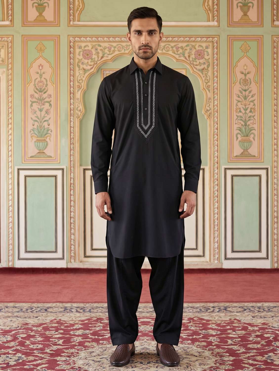 men embroidered long sleeve pathani set - 22503148 -  Standard Image - 2