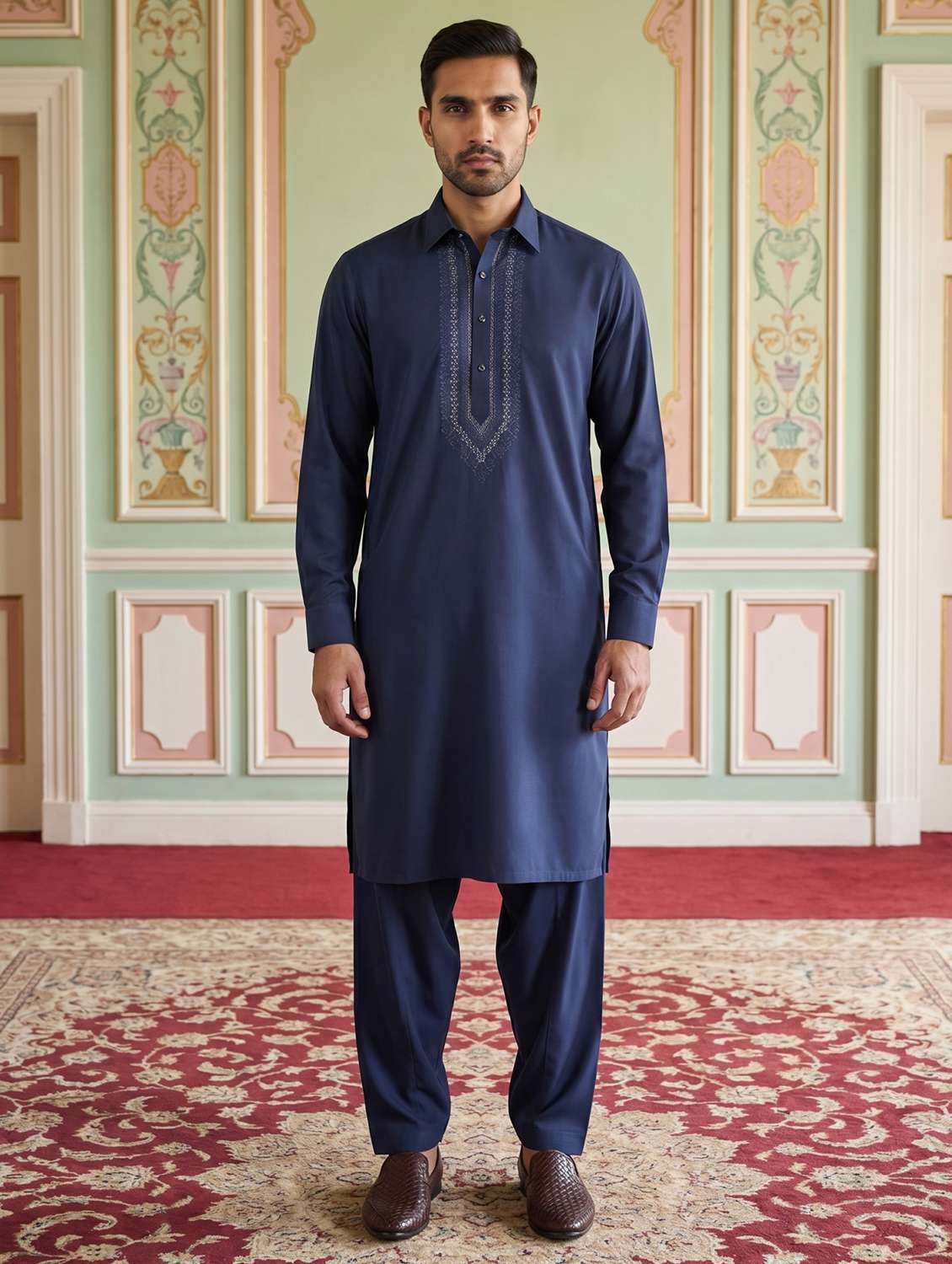men embroidered long sleeve pathani set - 22503149 -  Standard Image - 2