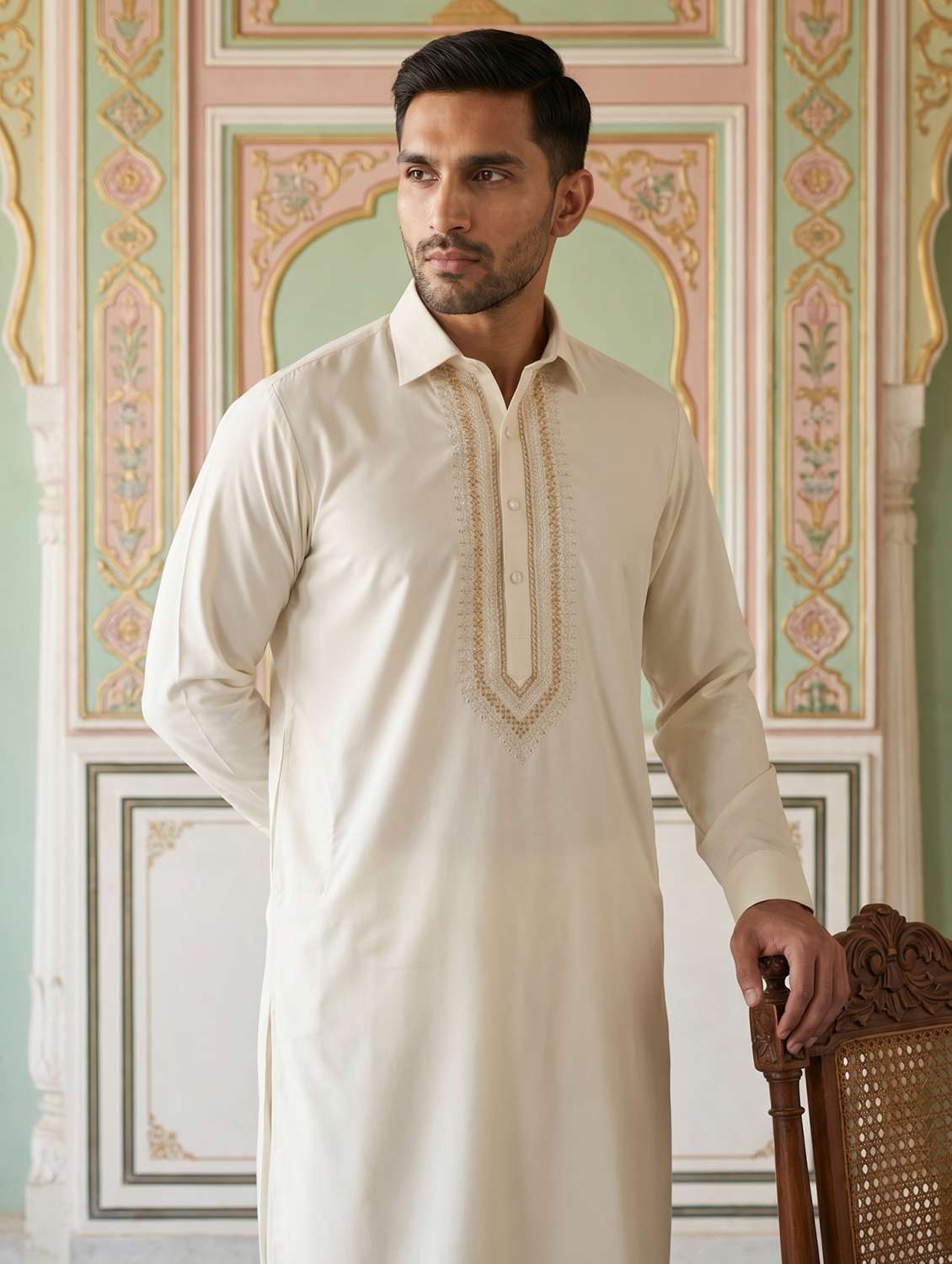 men embroidered long sleeve pathani set - 22503150 -  Standard Image - 2