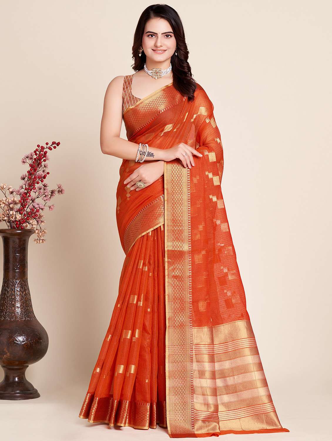 women self design kota doria saree with blouse