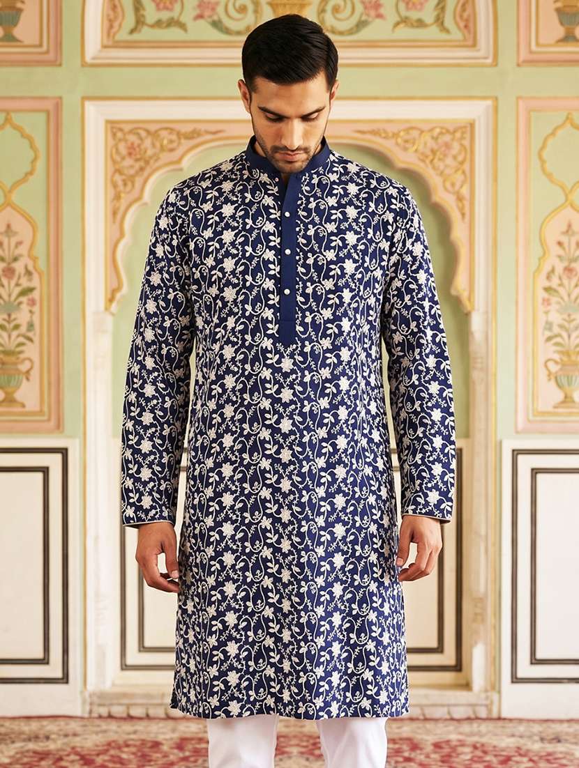 men embroidered mandarin neck long kurta - 22503340 -  Standard Image - 2