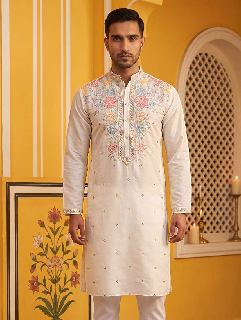 men solid with work mandarin neck long kurta - 22503376 -  Standard Image - 2