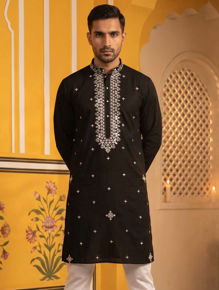men solid with work mandarin neck long kurta - 22503381 -  Standard Image - 2