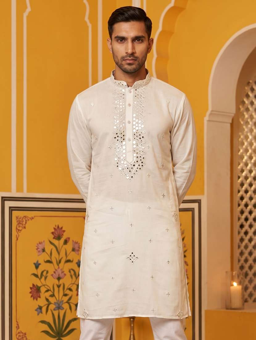 men solid with work mandarin neck long kurta - 22503384 -  Standard Image - 2