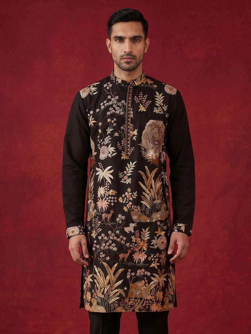 men solid with work mandarin neck long kurta - 22503385 -  Standard Image - 2