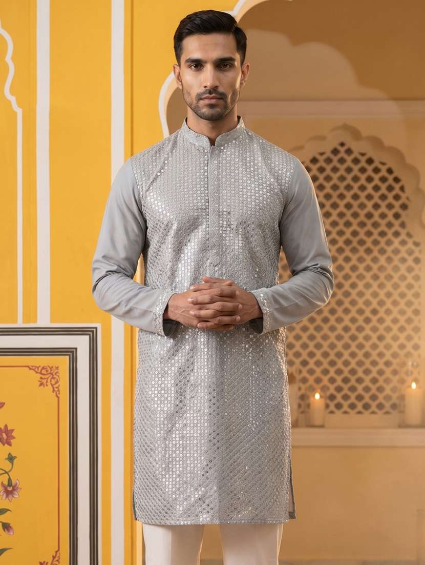 men solid with work mandarin neck long kurta - 22503390 -  Standard Image - 2