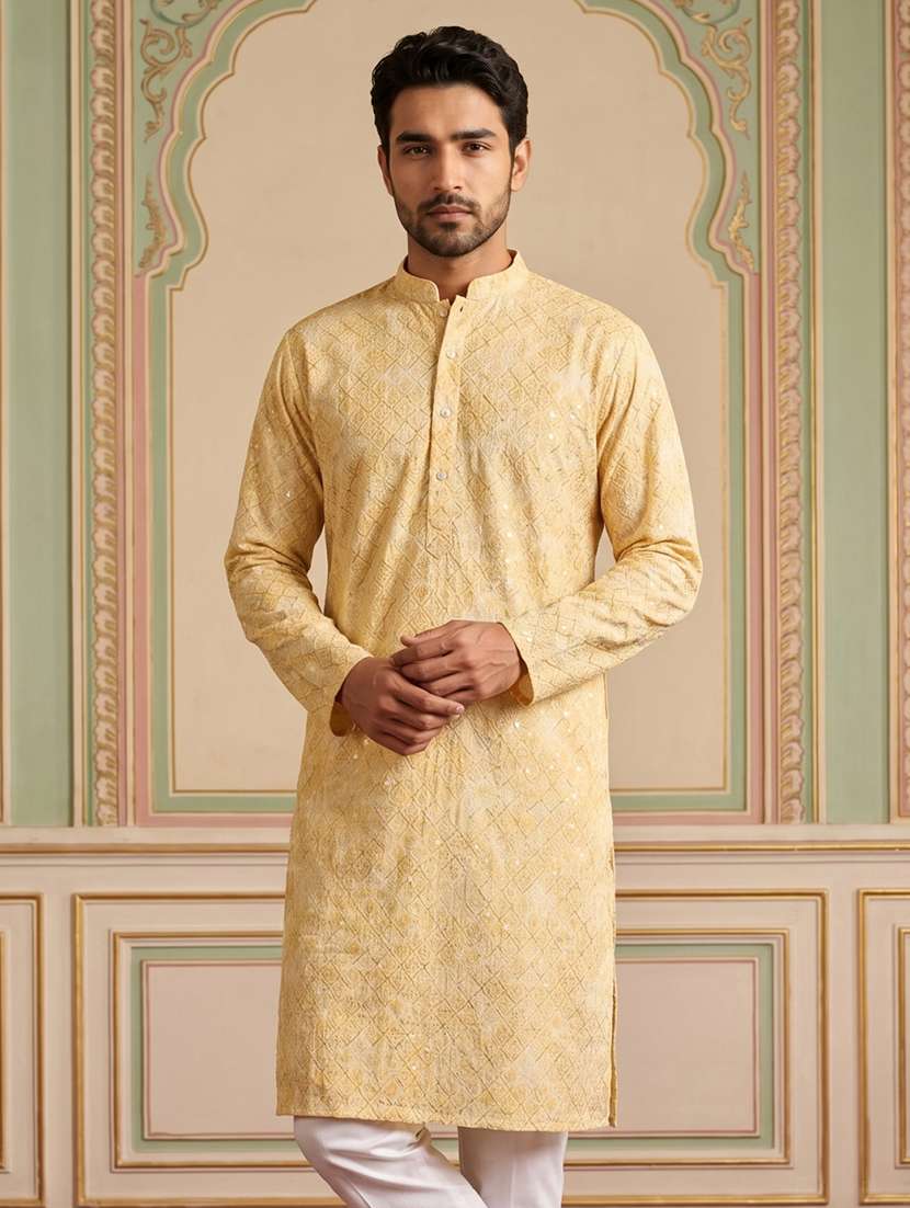 men solid with work mandarin neck long kurta - 22503392 -  Standard Image - 2