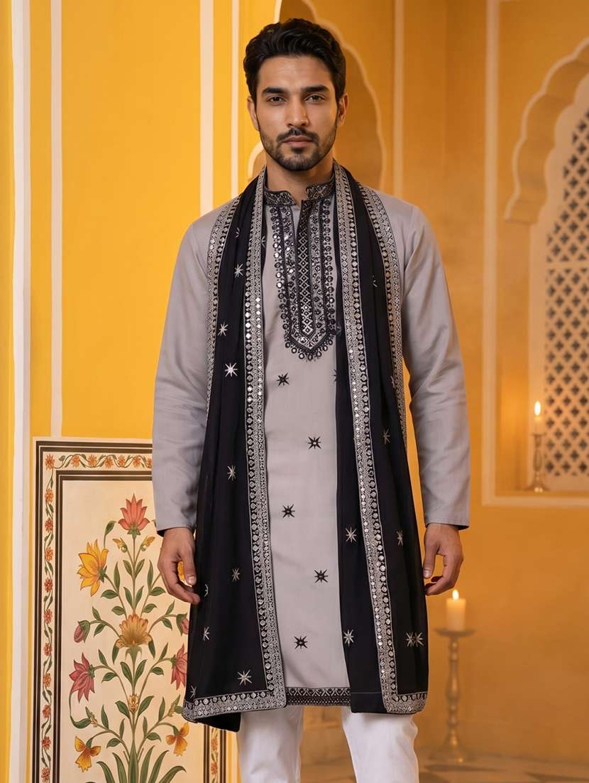 men embroidered mandarin neck long kurta - 22503394 -  Standard Image - 2