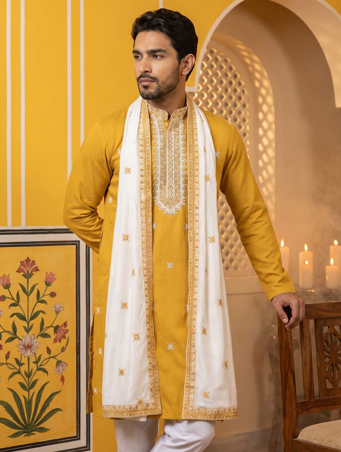 men embroidered mandarin neck long kurta - 22503395 -  Standard Image - 2