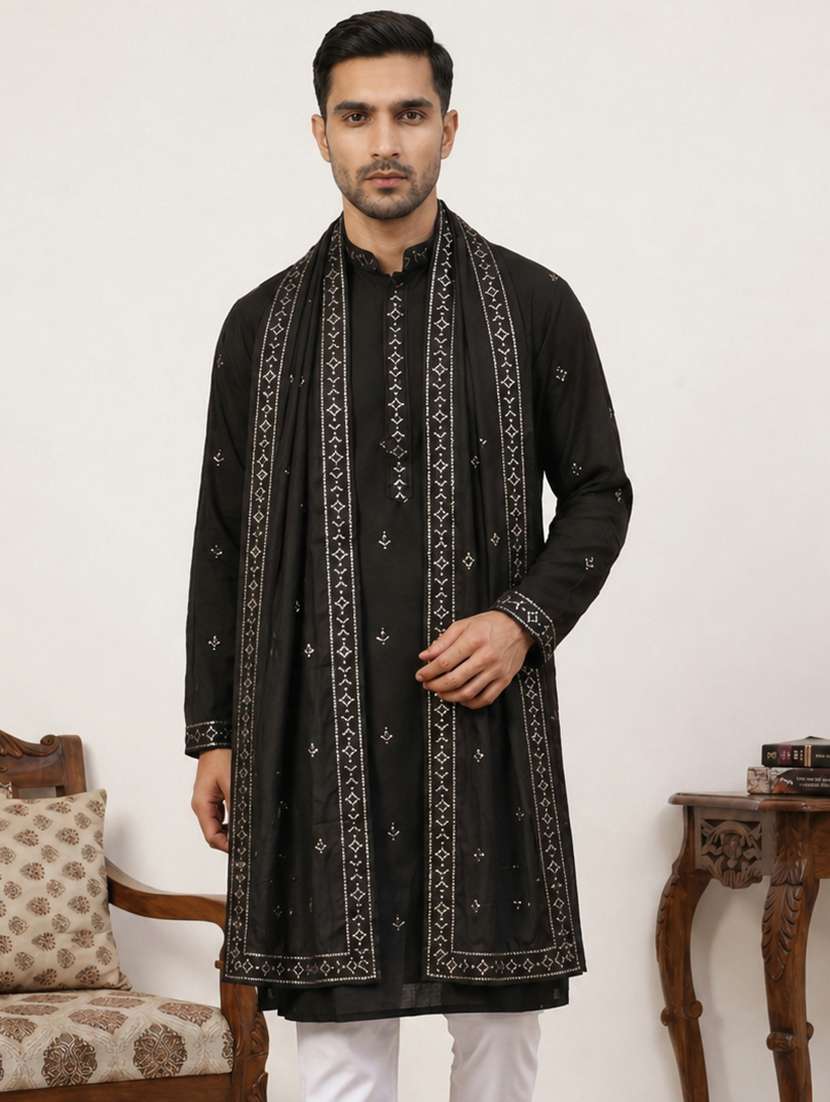 men embroidered mandarin neck long kurta - 22503398 -  Standard Image - 2