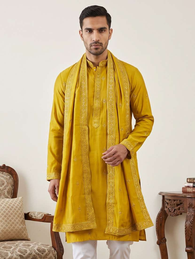 men embroidered mandarin neck long kurta - 22503399 -  Standard Image - 2