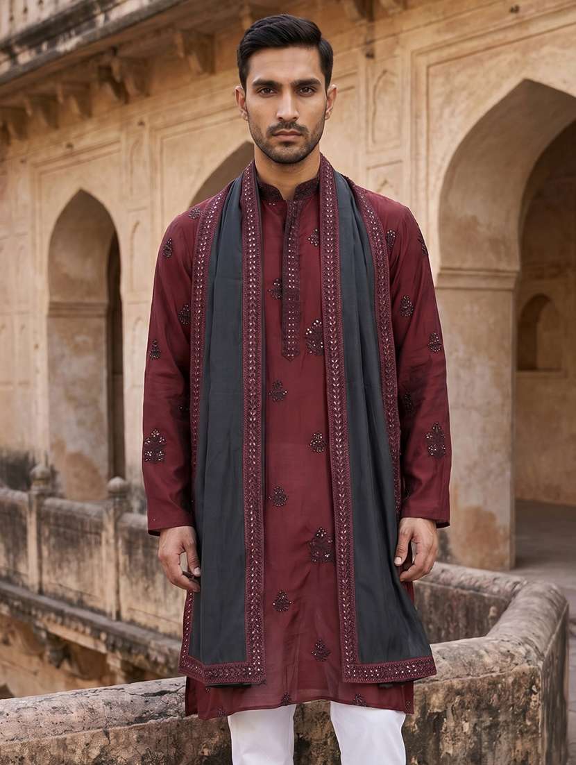 men embroidered mandarin neck long kurta - 22503403 -  Standard Image - 2