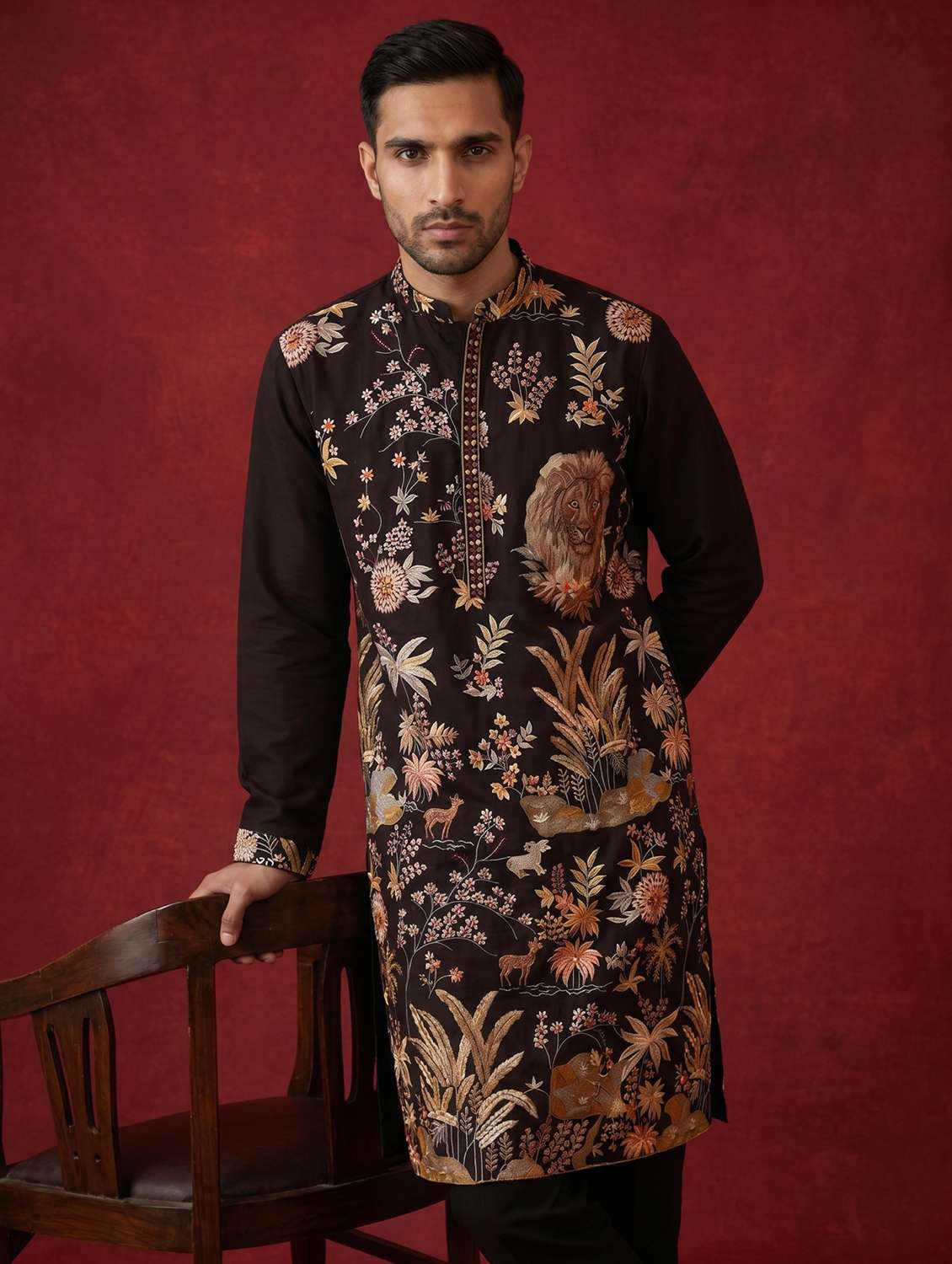 men embroidered mandarin neck kurta pyjama set - 22503426 -  Standard Image - 2