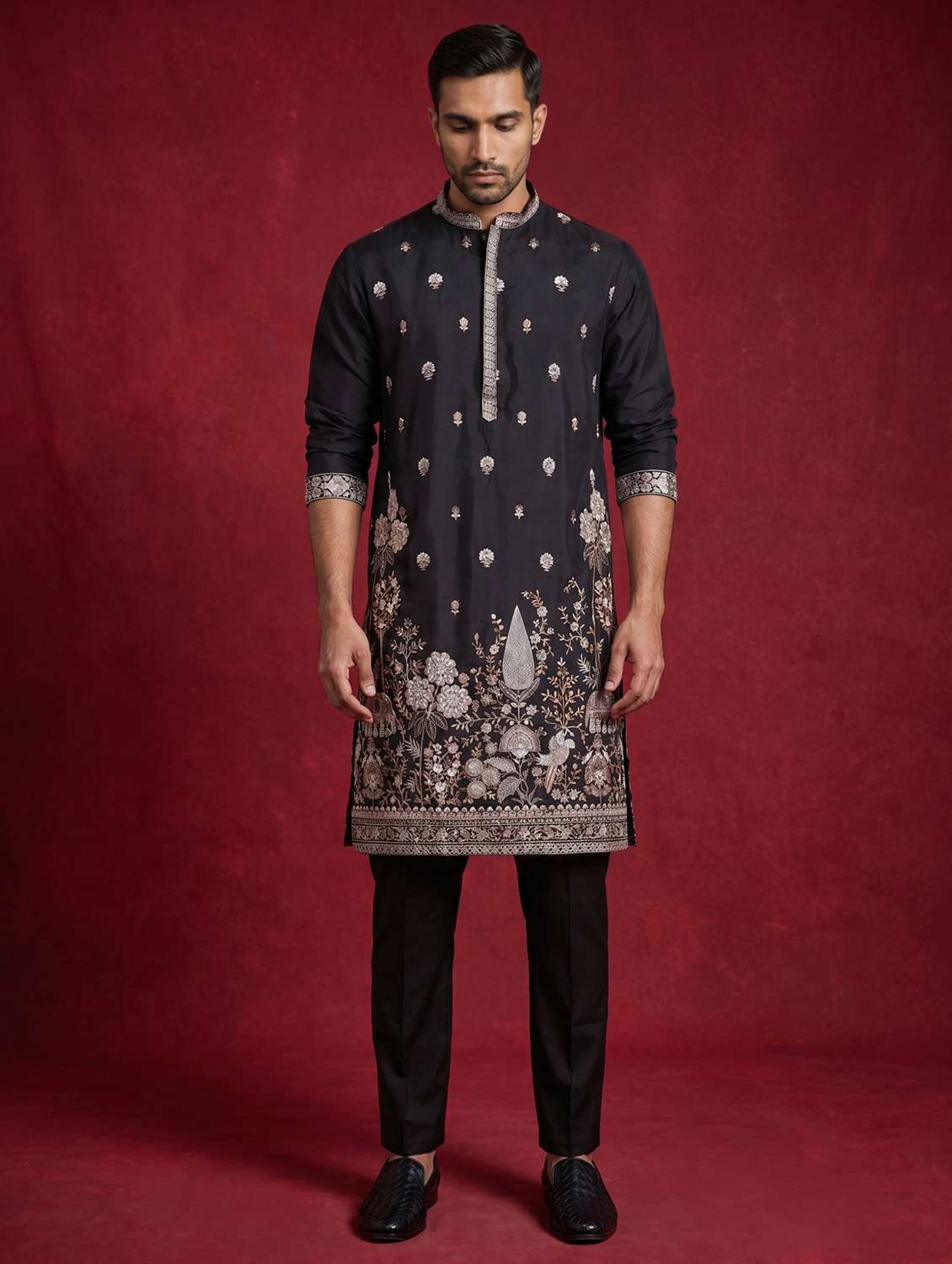 men embroidered mandarin neck kurta pyjama set