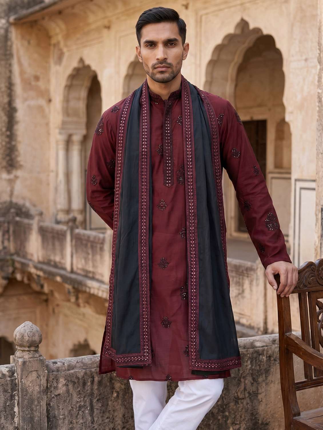men embroidered mandarin neck kurta bottom with dupattta set - 22503447 -  Standard Image - 2