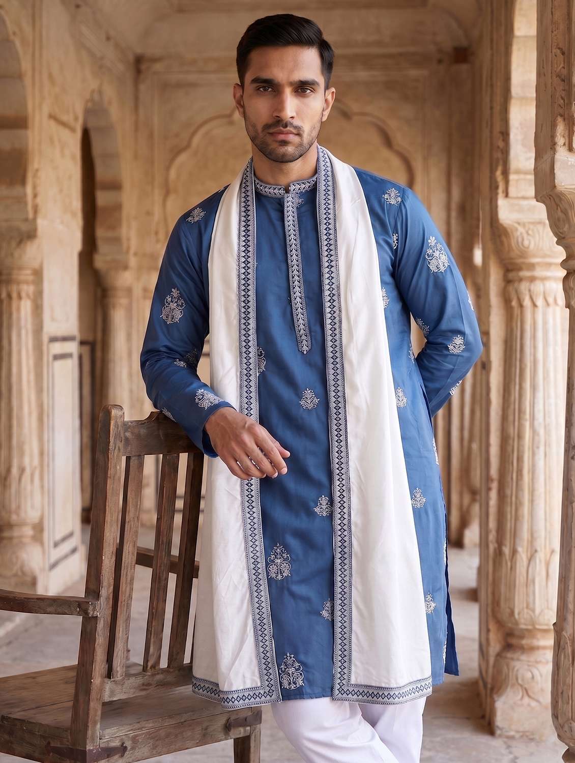 men embroidered mandarin neck kurta bottom with dupattta set