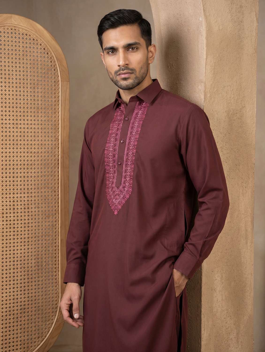 men embroidered long sleeve pathani set - 22503452 -  Standard Image - 2