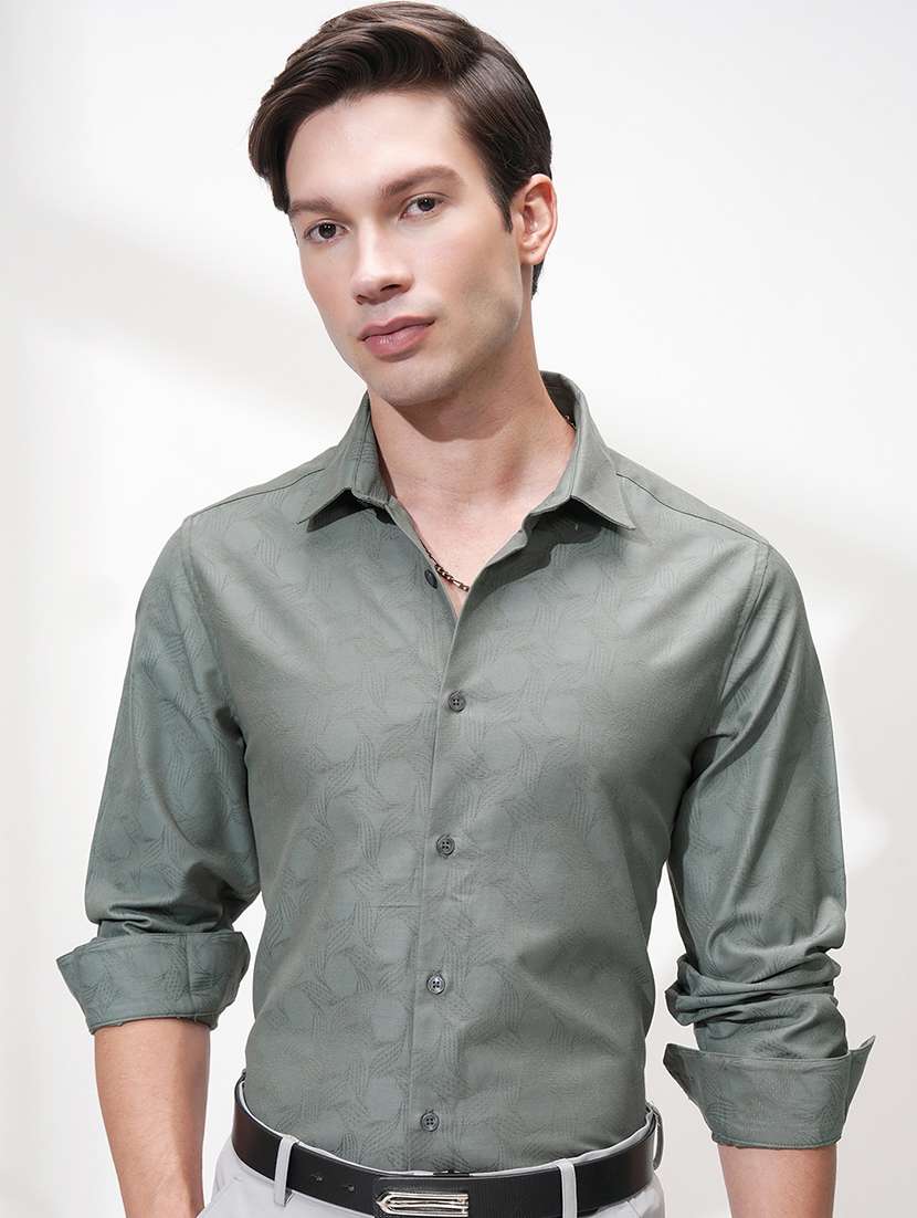 men self design long sleeve slim fit casual shirt