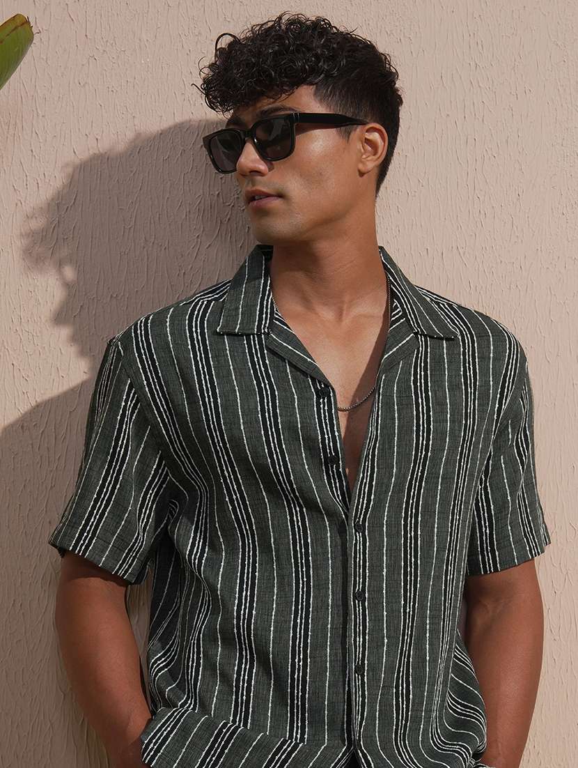 men striped short sleeve regular fit casual shirt