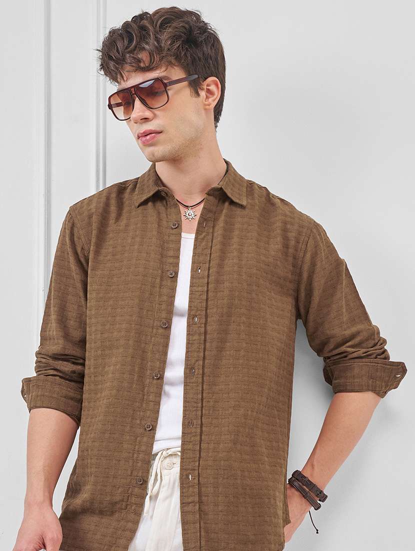 men self design long sleeve regular fit casual shirt