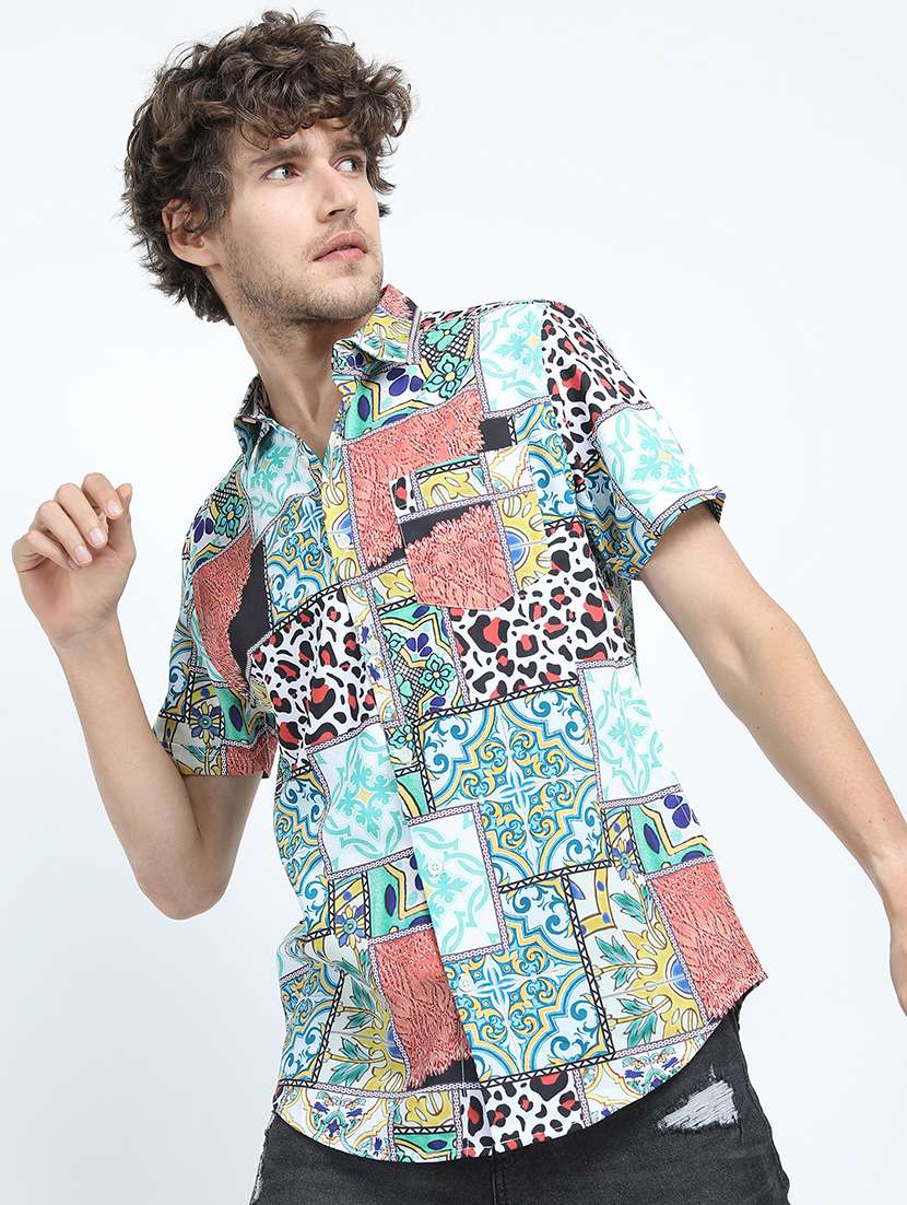 men printed short sleeve slim fit casual shirt - 22504182 -  Standard Image - 2