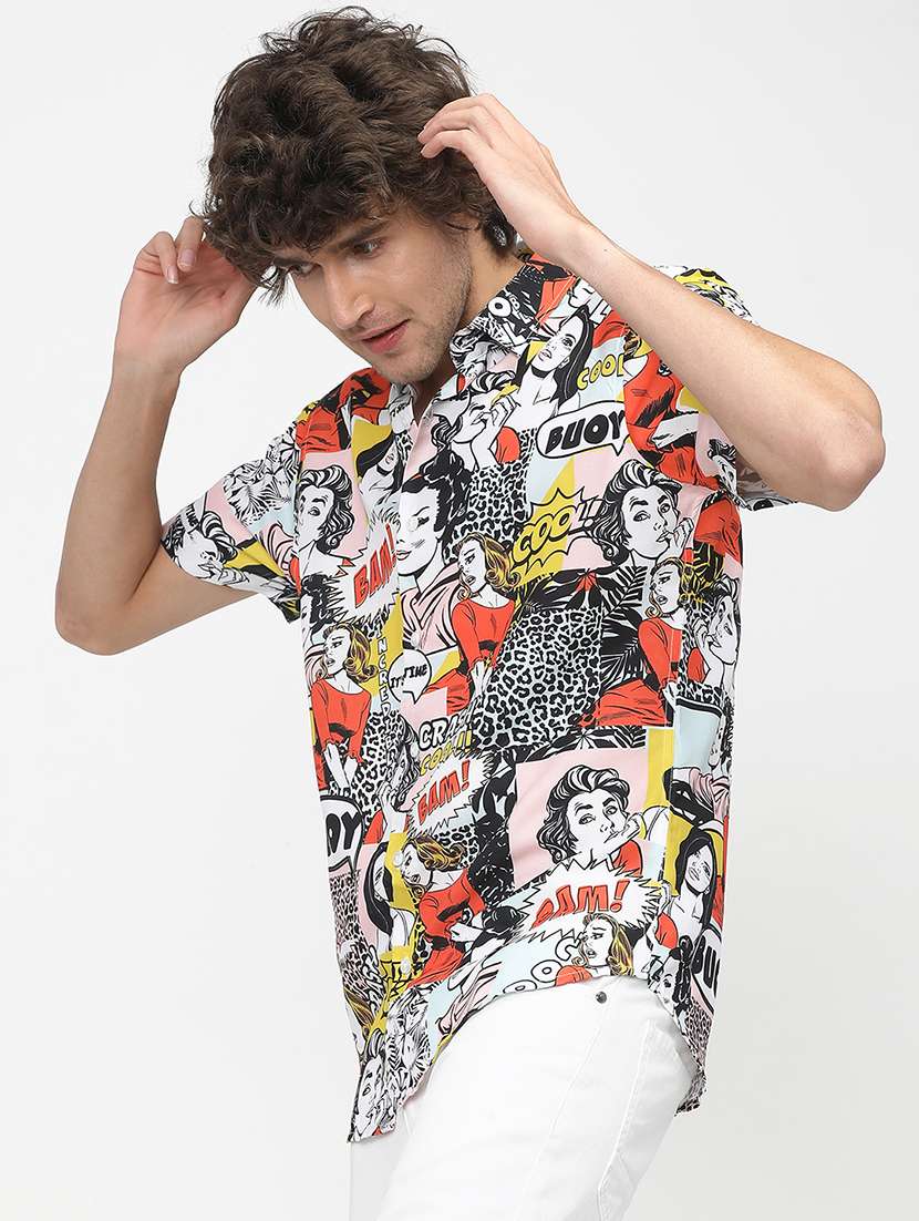 men printed short sleeve slim fit casual shirt - 22504340 -  Standard Image - 2