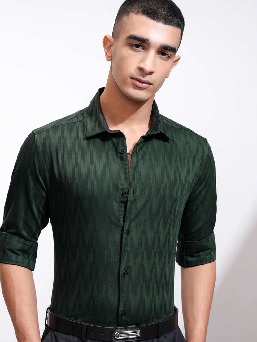 men self design long sleeve slim fit casual shirt