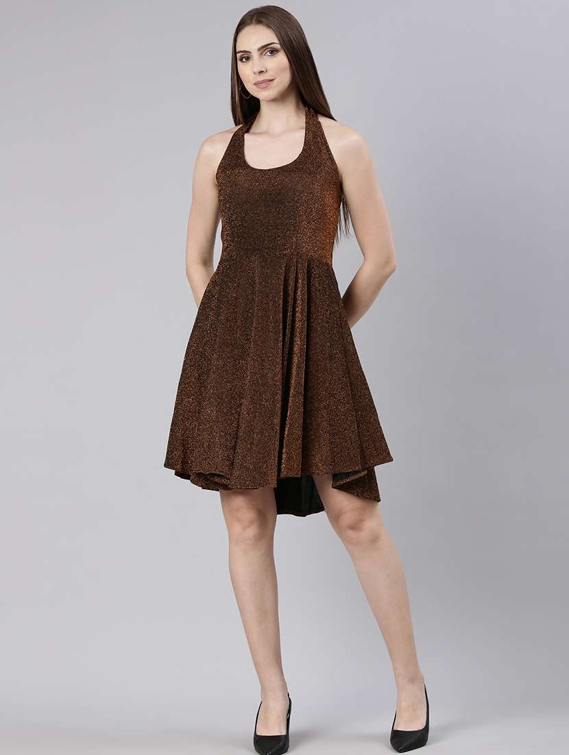 Women Self Design Halter Neck Fit And Flare Dress - 22504762 -  Standard Image - 2