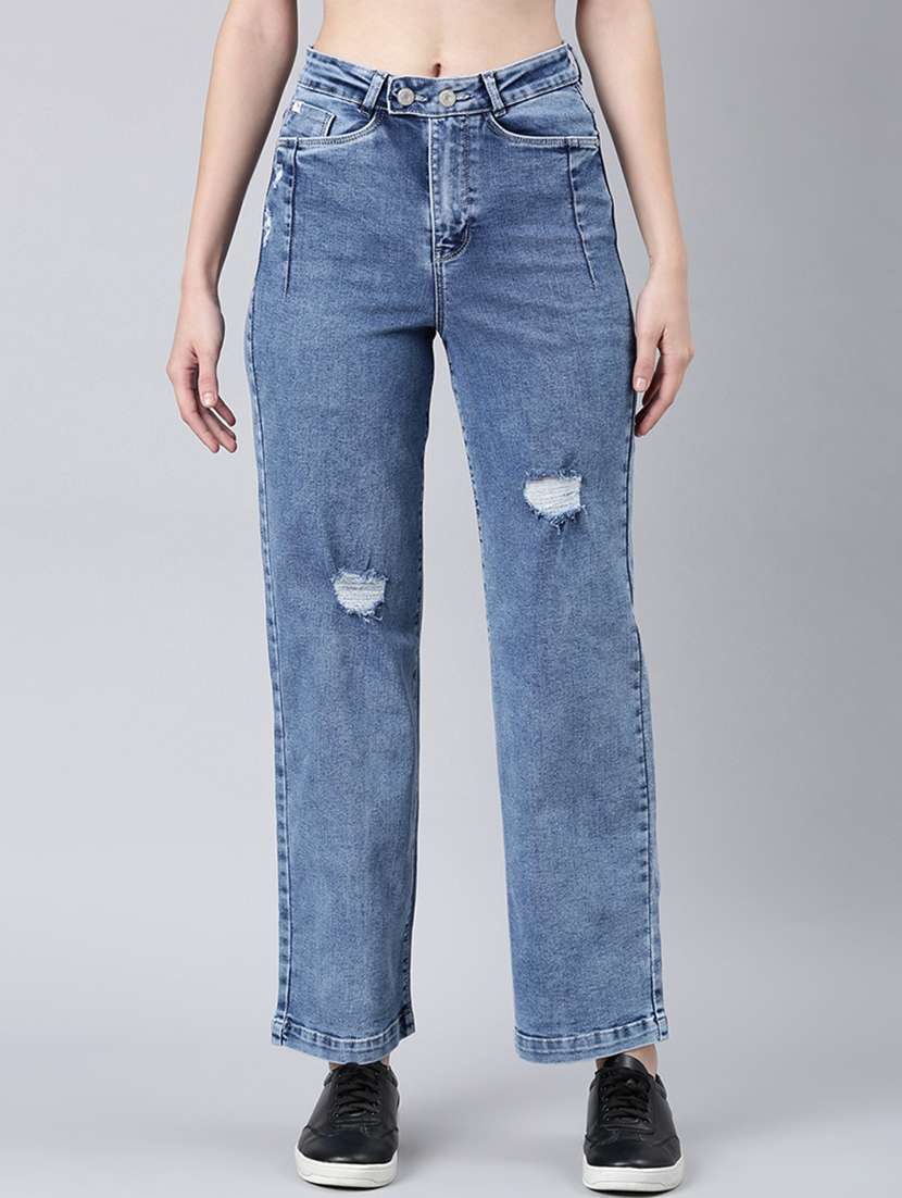 women distressed mid rise straight fit jeans