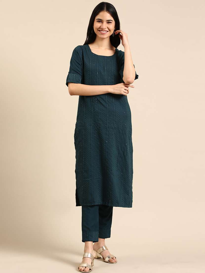 Women Embroidered Round Neck Straight Kurta And Pant Set - 22504839 -  Standard Image - 2