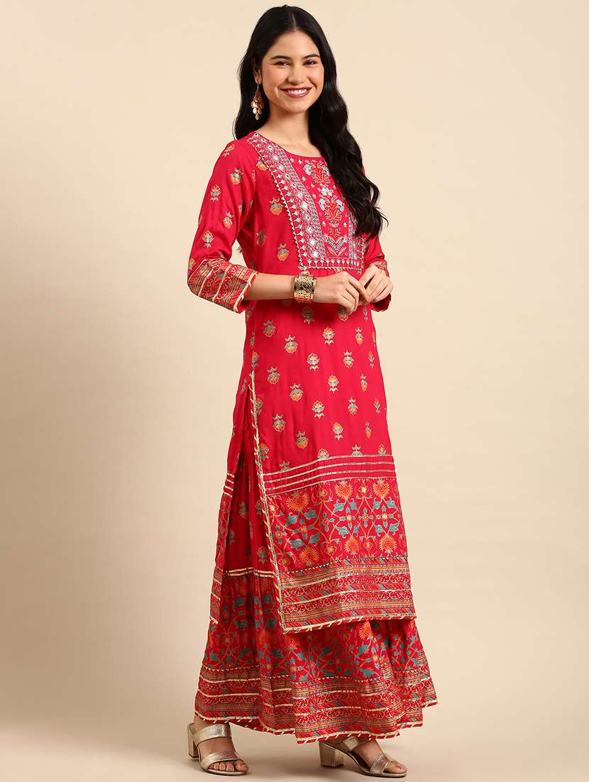 Women Printed Round Neck Kurta And Sharara Set With Dupatta - 22504881 -  Standard Image - 2