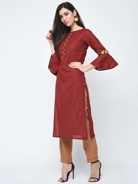 women solid bell sleeve straight kurta - 22504892 -  Standard Image - 2