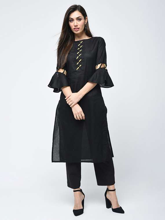 women solid bell sleeve straight kurta