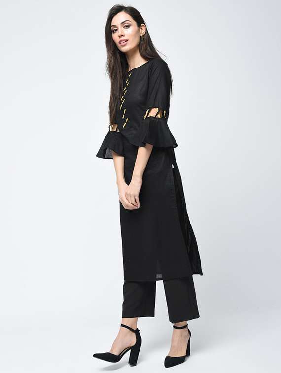 women solid bell sleeve straight kurta - 22504893 -  Standard Image - 2