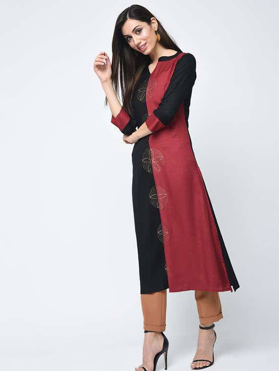 women color block three quarter sleeve straight kurta - 22504895 -  Standard Image - 2
