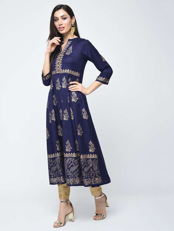 women printed three quarter sleeve anarkali kurta - 22504896 -  Standard Image - 2