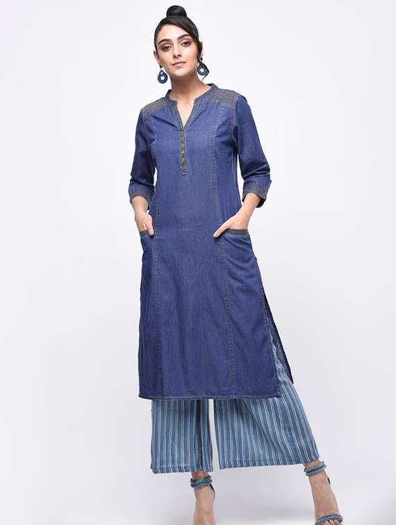 women solid three quarter sleeve denim straight kurta - 22504898 -  Standard Image - 2