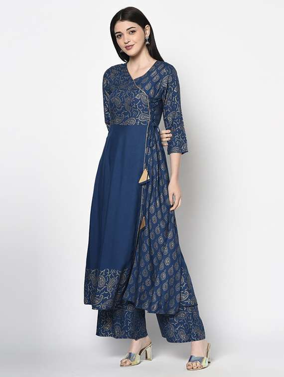 women printed three quarter sleeve angrakha kurta - 22504906 -  Standard Image - 2