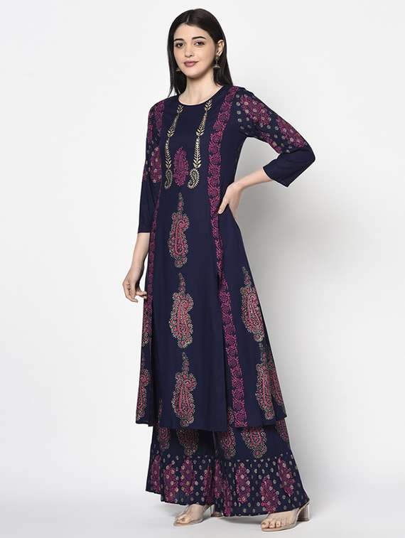 Women Printed Three Quarter Sleeve Kurta Palazzo Set - 22504908 -  Standard Image - 2
