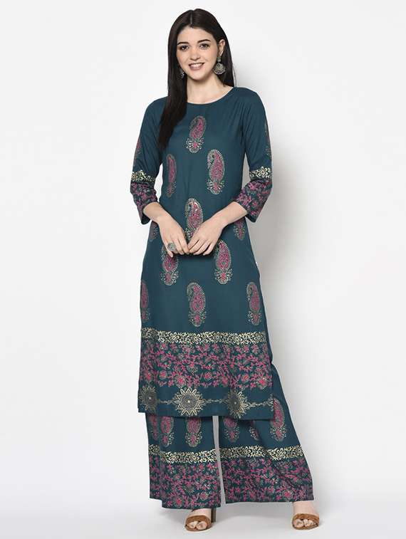 Women Printed Three Quarter Sleeve Kurta Palazzo Set - 22504910 -  Standard Image - 2