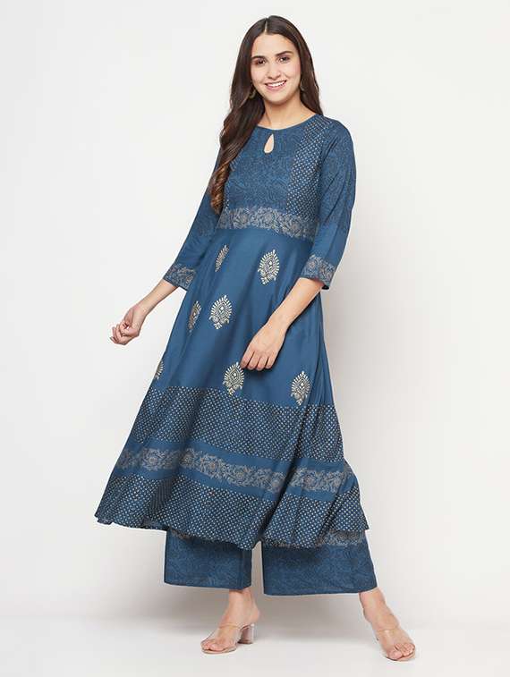 Women Printed Three Quarter Sleeve Kurta Palazzo Set - 22504911 -  Standard Image - 2