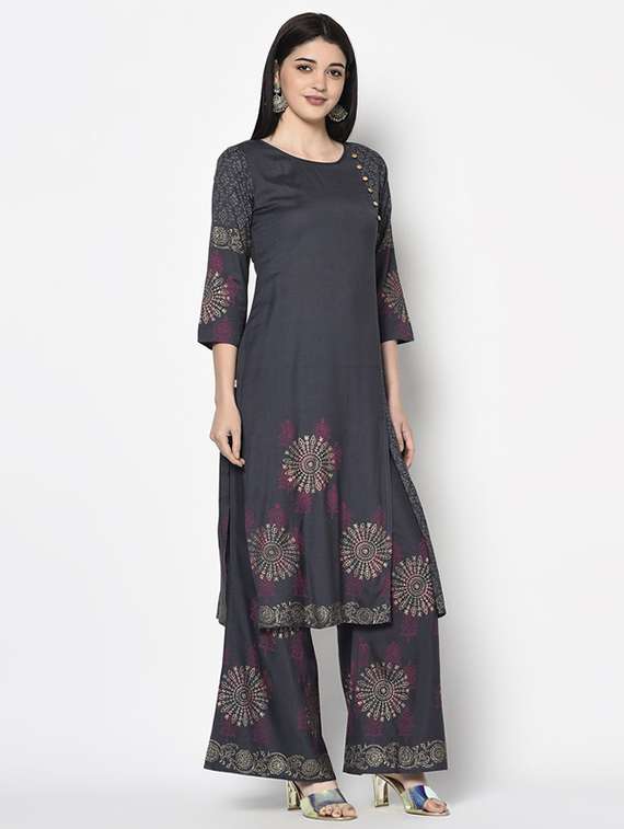 Women Printed Three Quarter Sleeve Kurta Palazzo Set - 22504918 -  Standard Image - 2