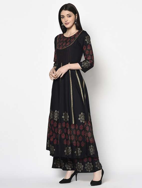 Women Printed Three Quarter Sleeve Kurta Palazzo Set - 22504922 -  Standard Image - 2