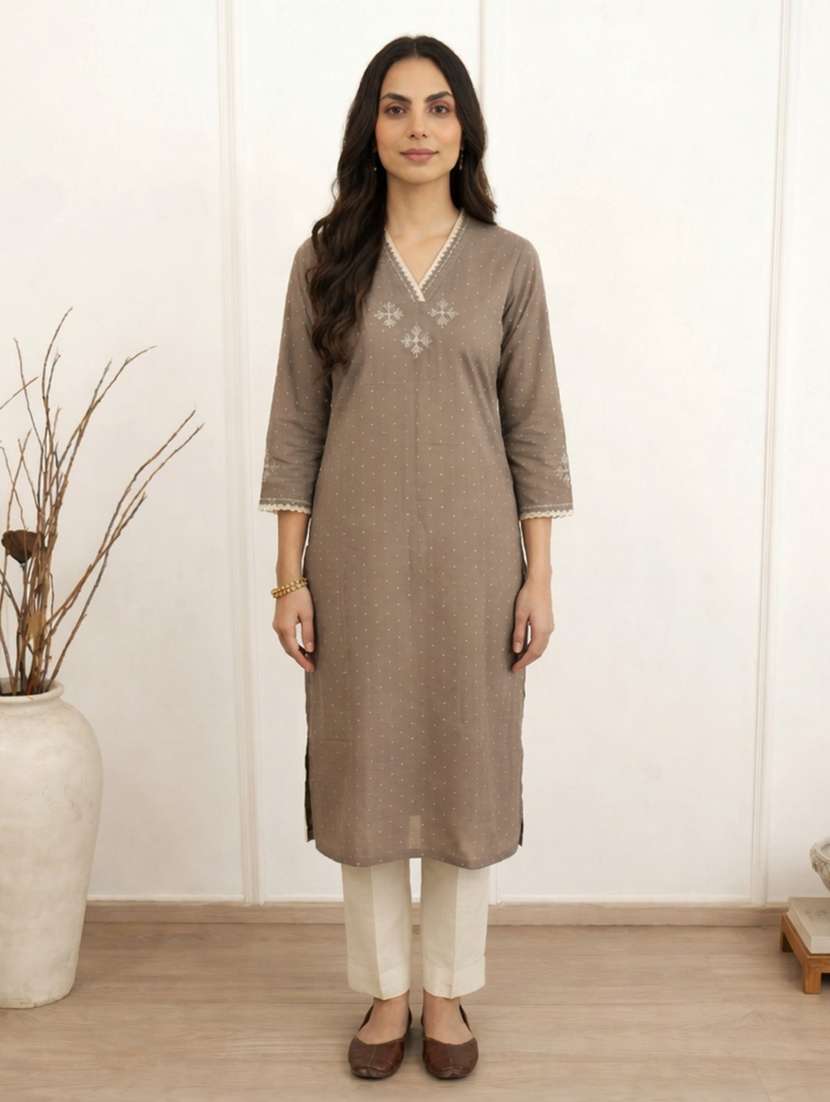 women self design three quarter sleeve straight kurta - 22504942 -  Standard Image - 2