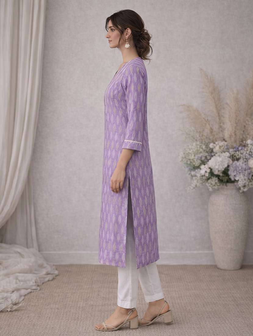 women self design three quarter sleeve straight kurta - 22504946 -  Standard Image - 2