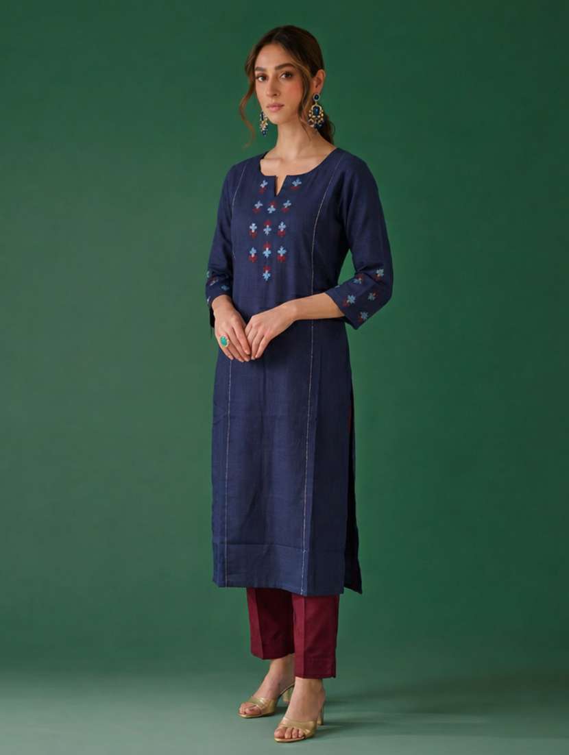 women solid with work three quarter sleeve straight kurta - 22504950 -  Standard Image - 2