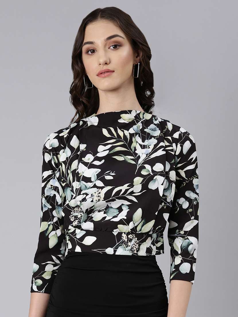 Women Printed Mock Neck Three Quarter Sleeves Crop Top - 22504999 -  Standard Image - 2