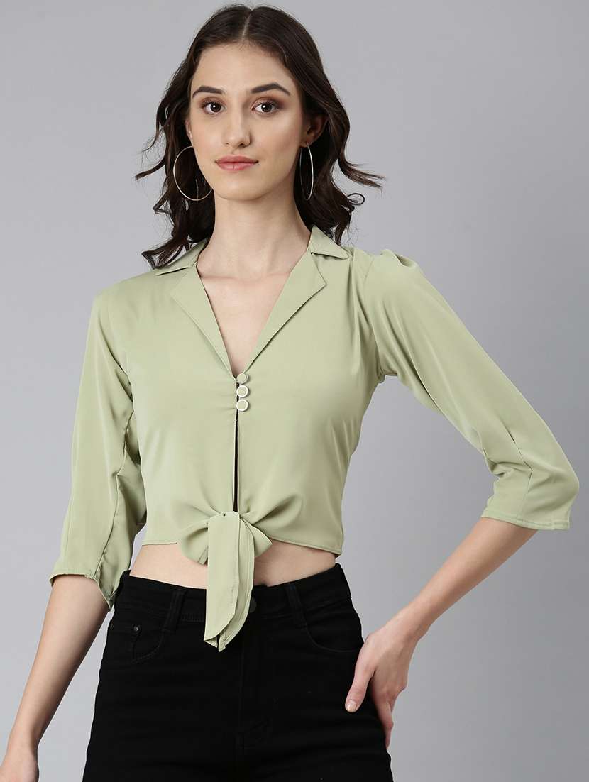 women solid shirt collar crop top - 22505004 -  Standard Image - 2