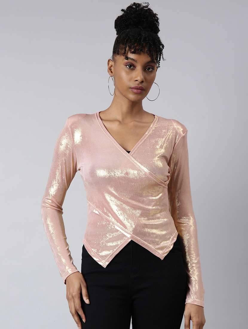 women solid long sleeves wrap top - 22505017 -  Standard Image - 2