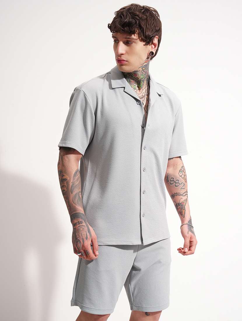 men textured short sleeve shorts & shirt co-ord set - 22505083 -  Standard Image - 2